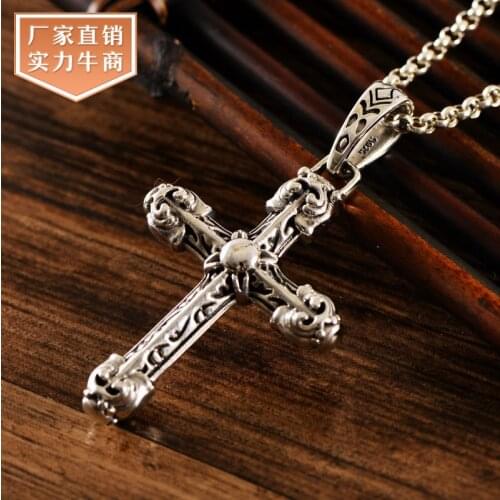 Metjakt S925 Sterling Silver Antique Thai Silver American and European personality carved cross pendant for men