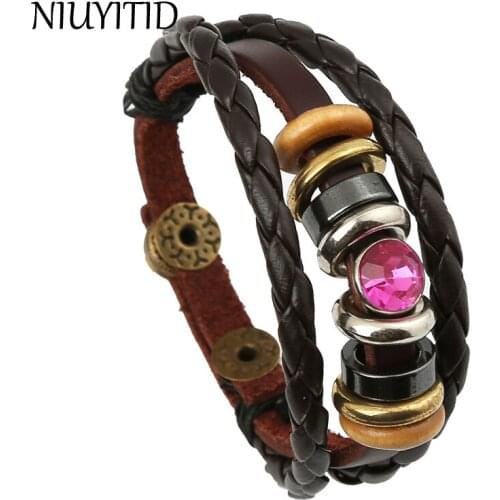 NIUYITID Women Genuine Leather Bracelet Vintage Crystal Alloy Charm Jewelry ladies brazaletes pulseras mujer