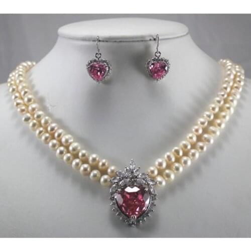 7-8mm 2-row Natural White Freshwater Pearl Necklace Pink faceted Zircon Earrings Jewelry Set Gift
