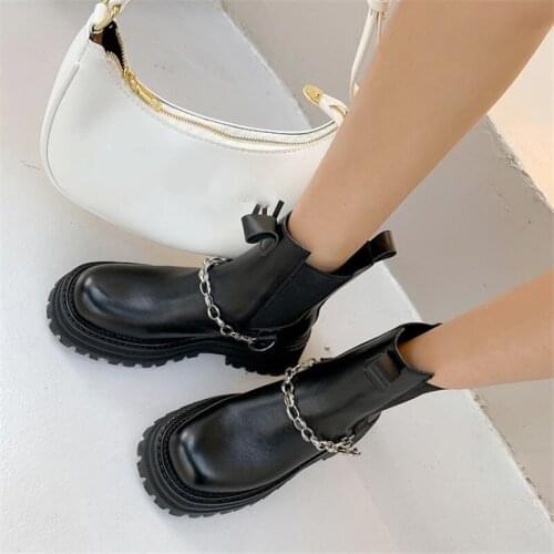 PXELENA Luxury Genuine Leather Metal Chain Women Chelsea Ankle Boots Chunky Platform Med Heel Motorcycle Street Cool Girls Shoes