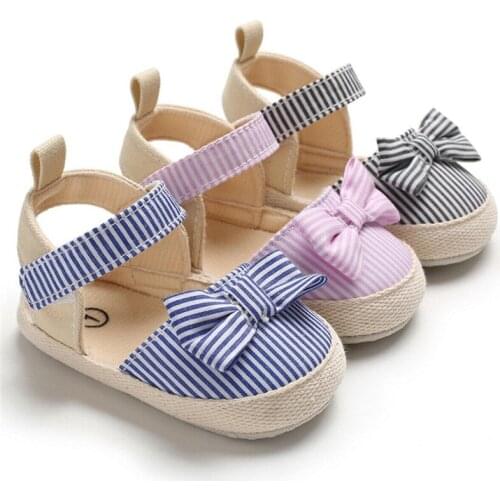 2019 Newborn Baby Kid Girl Canvas Princess Sandals Soft Crib Shoes Stripe Bowknot Toddler Prewalker Summer