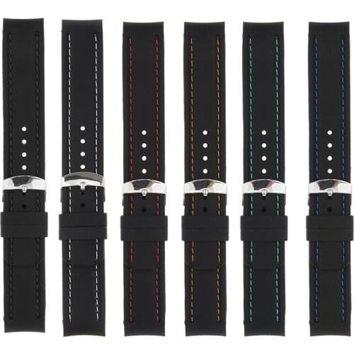 Silicone Watch Strap Band Curved Ends Black Rubber with Stitch Band 22mm