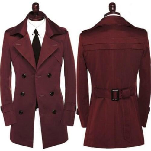 Mens trench coats wine red man double breasted coat men casual clothes slim overcoat long sleeve spring autumn big size S - 9XL