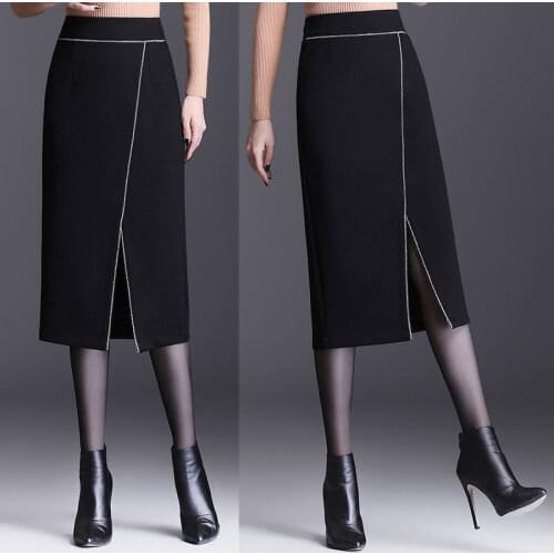 2021 Spring Autumn New Elegant Fashion Women Bottoms Black OL Formal Office Lady Calf-length Splitted Bag Hip Midi Skirt Y708