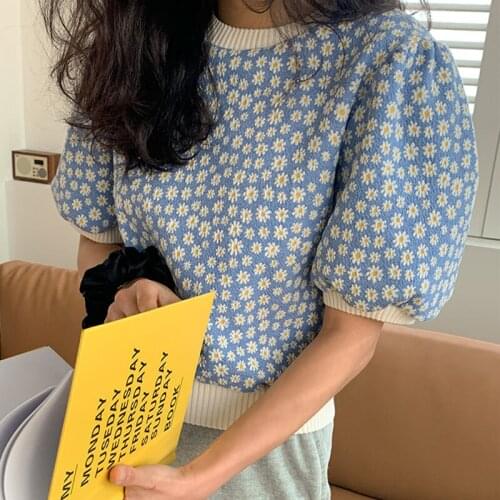 Bella Philosophy Korea Chic Spring Round Collar Comfortable Puff Short Sleeve Daisy Print Kintted Women Top Tee