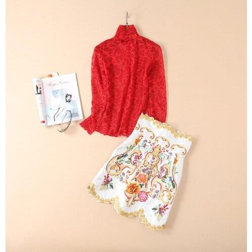 European and American womens wear autumn 2018 The new Long sleeve Bud silk t-shirts + The embroidery jacquard skirts suit