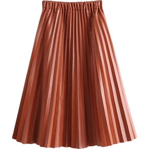 Elegant Faux Leather Pleated Midi Skirt Women 2020 Fashion Elastic High Waist Female PU Skirts lady Casual Skirt Faldas Mujer
