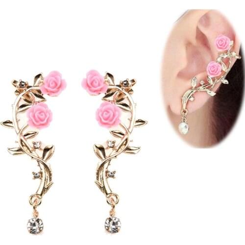Women Rhinestone Inlaid Rose Flower Ear Stud Cuff Clip On Earrings Jewelry Gift Geometric Earrings for Women Bijoux Simple Ear R