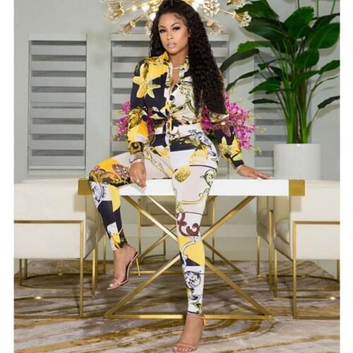 Two-piece Set Fashion Personality Printed Ladies Shirts Pencil Pants Matching 2 Piece Sets Long Sleeve Top Women Outfit Fall