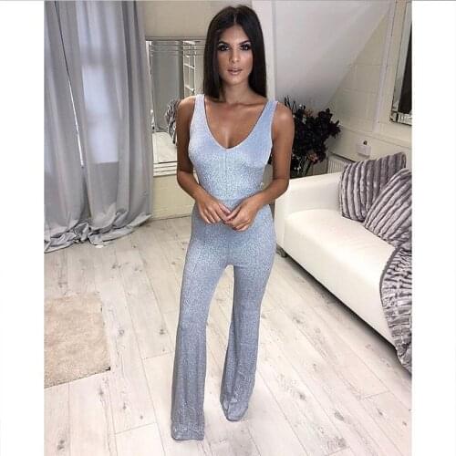 2019 New V-Neck Rompers Womens Sexy Jumpsuit Shiner Sleeveless Bodycon Zipper Playsuit Spring Summer Casual Slim Party overalls