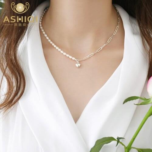 ASHIQI Natural freshwater pearl necklace 925 sterling silver stitching necklace jewelry for women