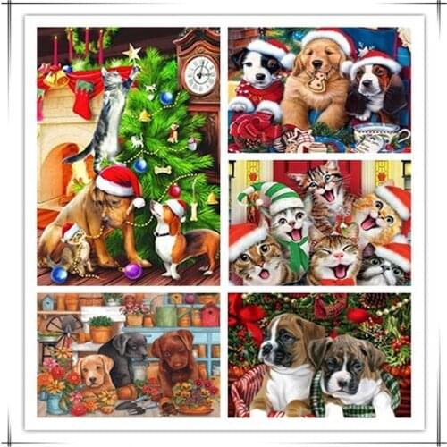 Full square / round diamond 5D DIY diamond painting "Christmas cat and dog" 3D embroidery cross stitch mosaic home decoration