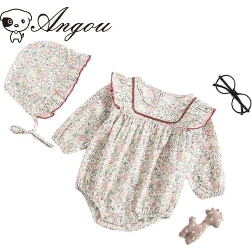 Angou 2021 New Fashion Baby Girls Sweet Floral Long Sleeves Rompers+Hat 2PCS Jumpsuits Cotton Soft Autumn Toddler Baby Clothes