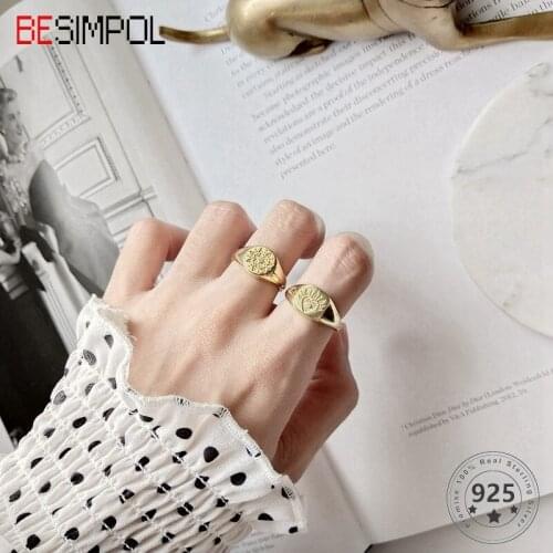 Besimpol 925 Sterling Silver Retro Pattern Open Rings Gold Round Square Eye Zircon Rings for Women Original Vintage Fine Jewelry