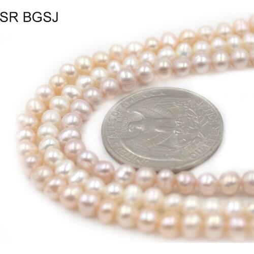 Free Ship 4-5mm Whtie Pink Purple Nearly Round Natural Freshwater Pearl Jewelry DIY Beads Round Bail Spacer Pearls Strand 15"