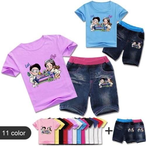 Summer Cartoon Me Contro Te Print Children Clothing Set Baby Boy Girl Short Sleeve T-Shirt+Shorts Jeans Denim 2PCS Kids Suits
