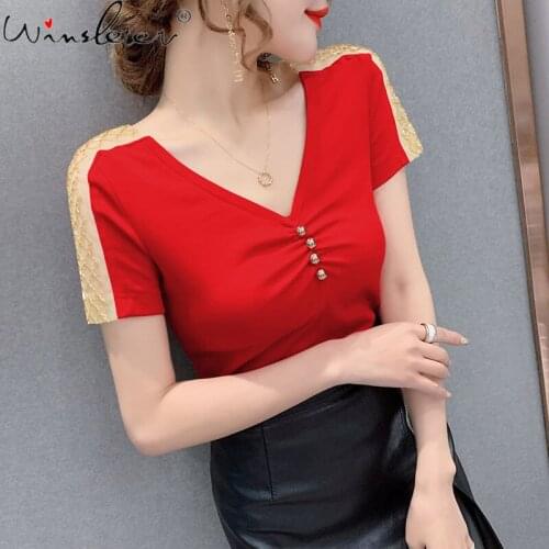 Summer Cotton T-Shirt Girls Fashion Sexy V-Neck Button Spliced Shiny Beads Tassels Women Tops Short Sleeve Slim Tees New T13122A