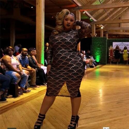 VAZN 2020 Hot Heavy Industry Sequined Plus Size Young High-en Sweet Sexy Full Sleeve Women High Waist Thin Mini Dress