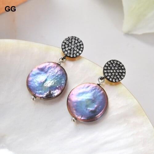 GuaiGuai Jewelry Natural Black Coin Pearl Gunmetal CZ Paved Crystal Earrings For Women CZ Stud