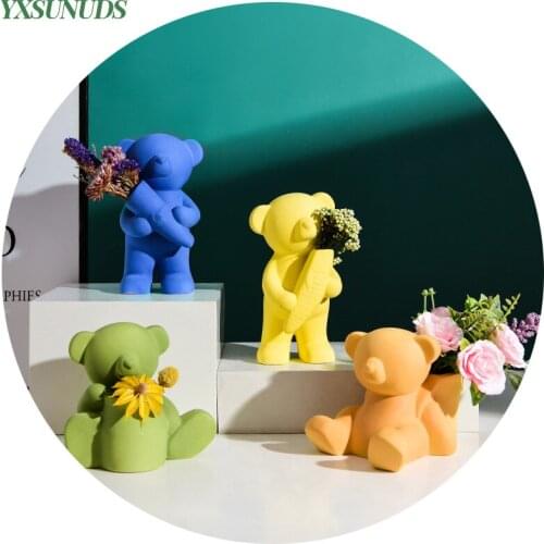 Ceramic Bear Flower Vase Nordic Home Animal Vase Decor Art Home Ornaments Living Room Decoration Office Pen Holder Crafts Gifts