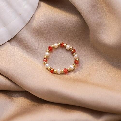 Red Green Blue Bead Rings Women Freshwater Pearl Elastic Ring Simple Sweet Adjustable Jewelry Party Gift