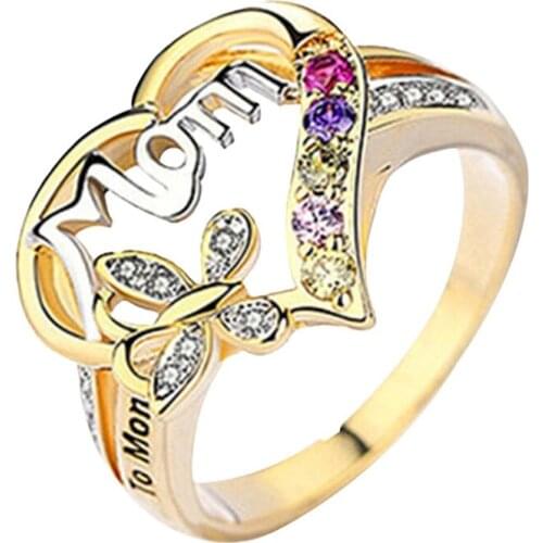 New Fashion Gold Color Heart Love MOM Rings Colorful CZ Stone Ring For Women Jewelry Birthday Mothers Day Gift
