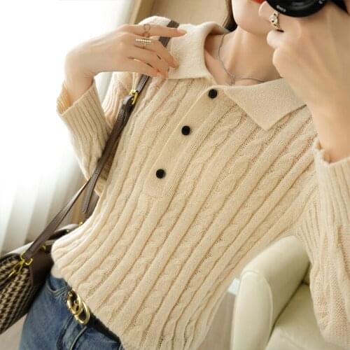New wool womens sweater autumn and winter solid color lapel sweater loose long-sleeved casual knitted pullover womens top