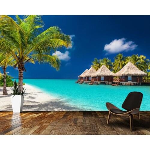 Papel de parede Palm on Tropical Island Chalet landscape 3d wallpaper mural,living room bedroom kitchen wall papers home decor