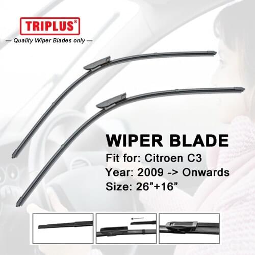 Front Wiper Blade for Citroen C3 Hatchback (2009-now) 1 set 26"+16",Flat Aero Windscreen Beam Wiper,Boneless Soft Wiper Blades
