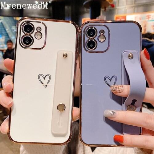 Plating Wrist Strap Stand Phone Case For iPhone 11 12 Pro Max XR XS 7 8 Plus SE2 Candy Color Shockproof Soft Silicone Back Cover