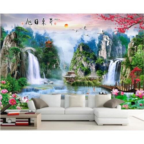 Custom photo 3d wallpaper Chinese style mountain waterfall architectural scenery decor 3d wall murals wallpaper for walls 3 d