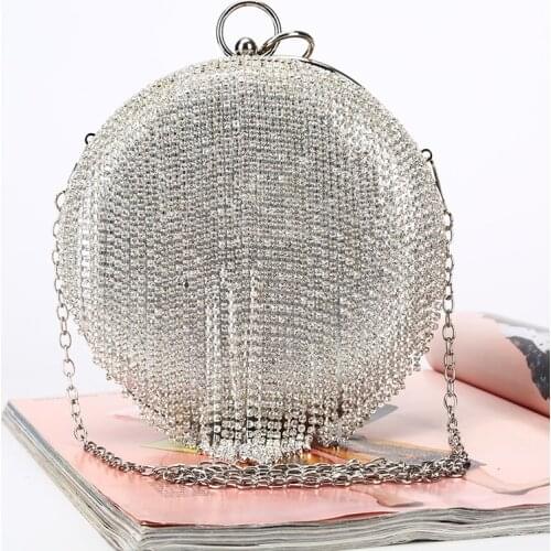 Luxury Women Evening Tassel Crystal Rhinestone Ball Bag Round Beaded Wedding Bride Clutch Diamonds Purse Handbag