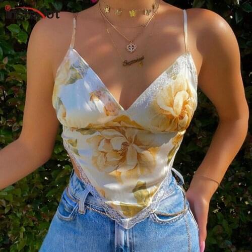 InstaHot Floral Printed Asymmetrical Top Spaghetti Strap Backless Bandage Silk V Neck Sexy Casual Vintage Camisole Cropped Tops