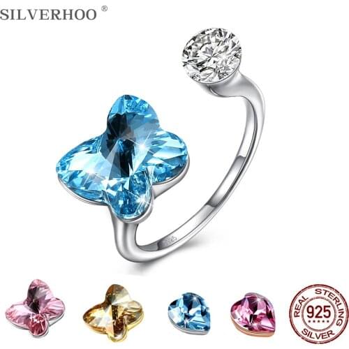SILVERHOO Sterling Silver 925 Rings For Women Butterfly Heart Shape Adjustable Opening Rings Austria Crystal Zircon Jewelry Ring