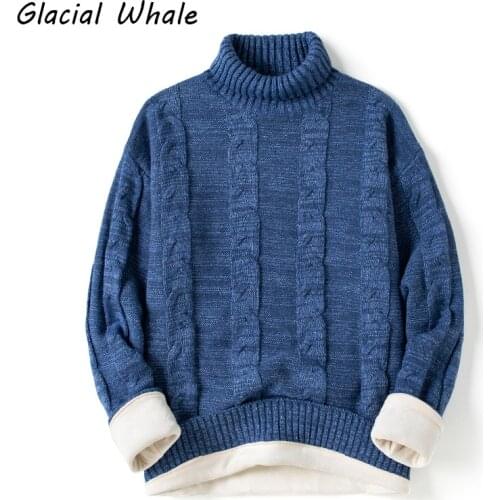 GlacialWhale Mens Turtlenecks Sweater Men 2020 Winter Patchwork High Neck Sweaters Harajuku Turtleneck Casual Blue Sweater Men