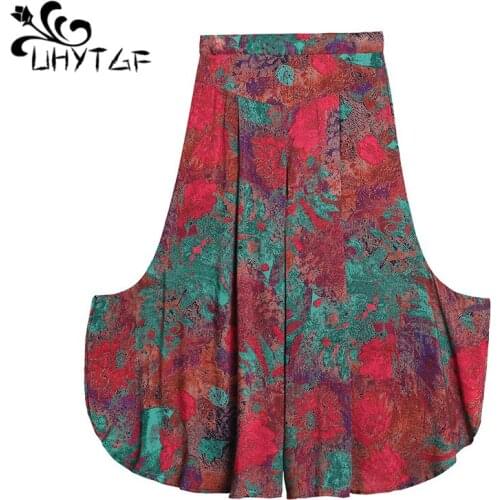 UHYTGF Elegant womens summer skirt pants fashion high waist big swing casual thin trousers vintage printing plus size pants 1143