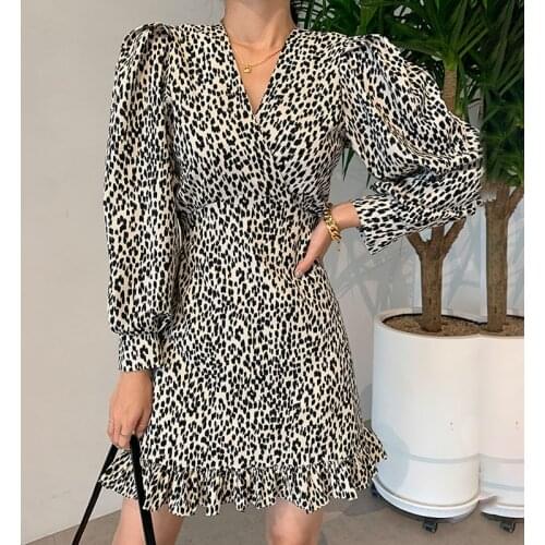 ZCSMLL 2021 Korean Chic Retro Leopard Print V-neck Slim Slimming Waist Puff Sleeve Ruffle Dress Female
