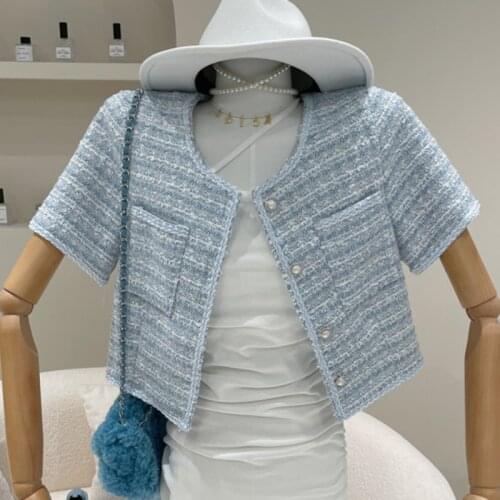 2021 Summer Elegant Tweed Short Jacket Coat Women Korean Chic Pearl Button Short Sleeve Vintage Plaid Outwear Female Crop Top