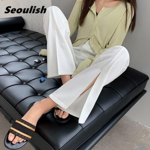 Seoulish 2021 New Summer White Womens Wide Leg Pants High Waist Elegant Split Long Pants Work Casual Loose Trousers Female