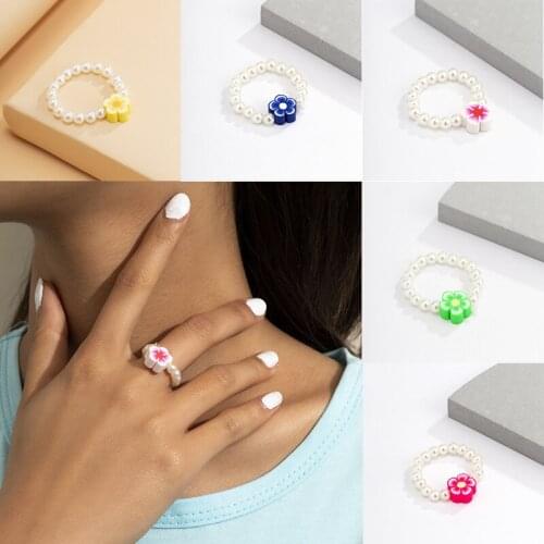 2021 fashion cute color acrylic imitation pearl beaded ring womens color bohemian flower ring adjustable handmade jewelry
