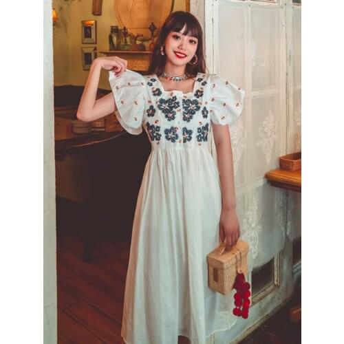 Summer Korean Womens Ins Net Red With The Same Retro Folk Style Embroidery Flying Sleeves Square Collar Dress Literary Dress