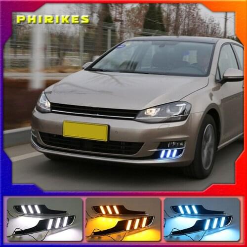 2PCS For Volkswagen Golf 7 MK7 2013-2016 Yellow Turn Signal Function LED Daytime Running Light Waterproof 12V Car DRL Lamp