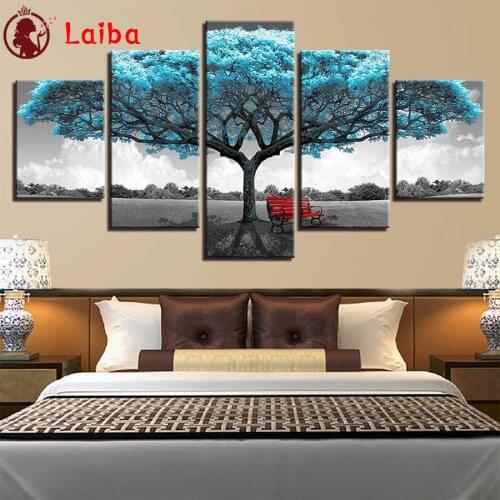 Diamond Embroidery Natural scenery blue big tree Full Square round Diamond Mosaic Art Painting Cross Stitch Wall Decor5pcs