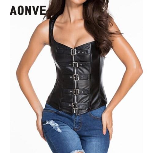 AONVE Steampunk Corset Faux Leather Corsets Steel Bones Bustiers Gothic Black Sexy Overbust Corset Top Punk Goth Clothing S-6XL