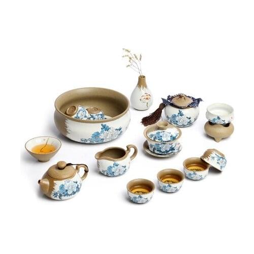 The whole tea sets Rough pottery home kung fu tea sets ceramic teapot cover bowl tea cups gift box Japanese-style
