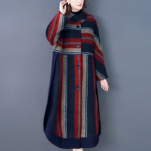 Long stripe Woolen coat Winter New Oversized coats Middle age clothing Thicken Ladies Windbreaker Outerwear Loose coat female