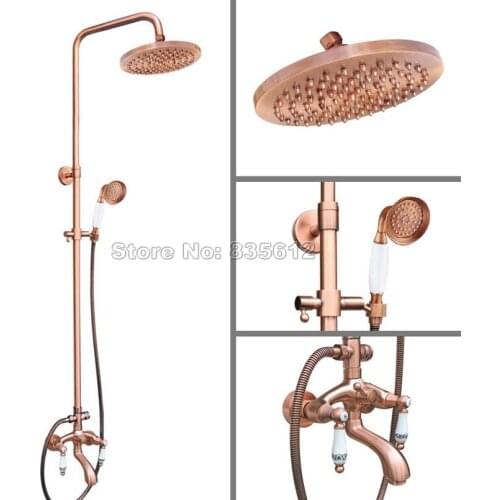 Antique Red Copper Bathroom Rain Shower Faucet Set with 8" inch Shower Head + Dual Handles Tub Mixer tap Wall Mount Wrg536