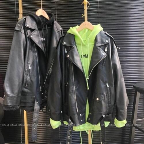 FMFSSOM Autumn Loose Faux Leather Long Jacket Women Casual Zipper Warm Y2k Moto Biker PU Coats Windproof with Belt Outwear