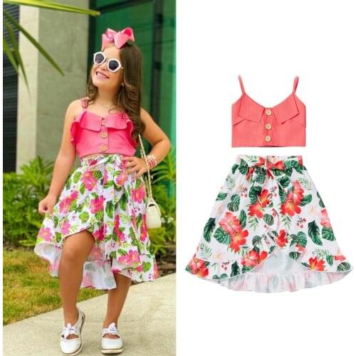 FOCUSNORM Summer Lovely Kids Girls Clothes Sets 1-5Y Ruffles Single Breasted Strapless Vest Flowers Printed A-Line Skirts