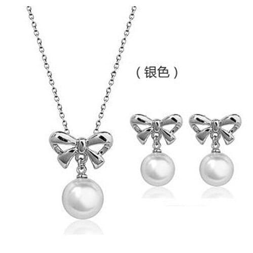 S048 Korean fashion Crystal jewely sets bowknot pearl Necklace + Earrings Two-piece Set